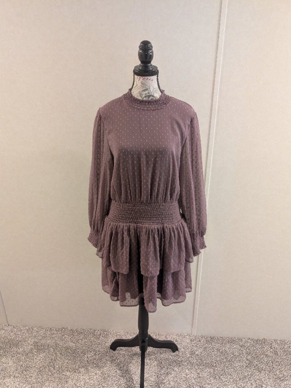 American Eagle Mauve Swiss Dot Smocked Tiered Mini Dress Women Large Boho